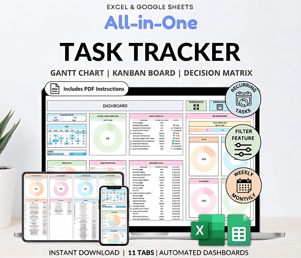 All-in-One Task Tracker for Excel & Google Sheets | Gantt Chart, Kanban Board, Decision Matrix | Project Management Template with Automated Dashboards